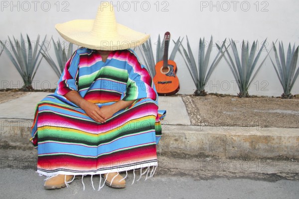 Mexican lazy man sit serape agave guitar nap siesta typical topic