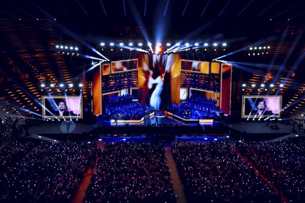Large concert stage with spectacular lights and an enthusiastic audience, Il Volo concert, Arena di Verona, Verona, Veneto region, Italy, Europe