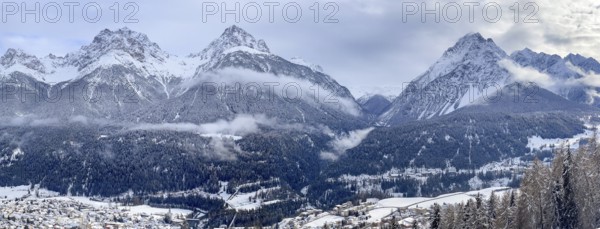 Panorama, view over the ski area from Motta Naluns over Sccuol towards Val S-charl, Engadin, Grisons, Switzerland, Europe