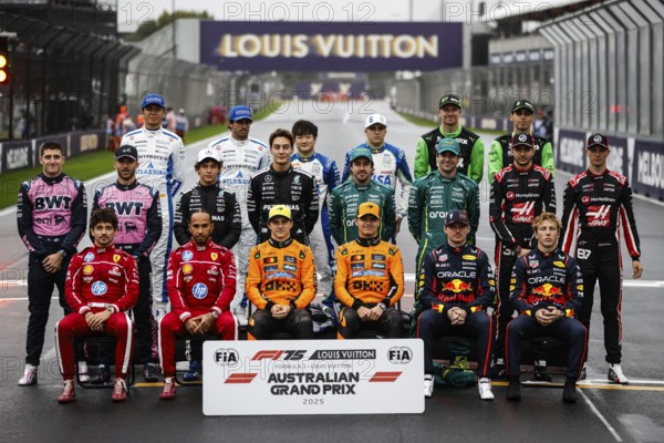 MELBOURNE, AUSTRALIA - MARCH 16: F1 drivers annual grid photo before the 2025 Australian Grand Prix at Albert Park in Melbourne, Australia, Oceania