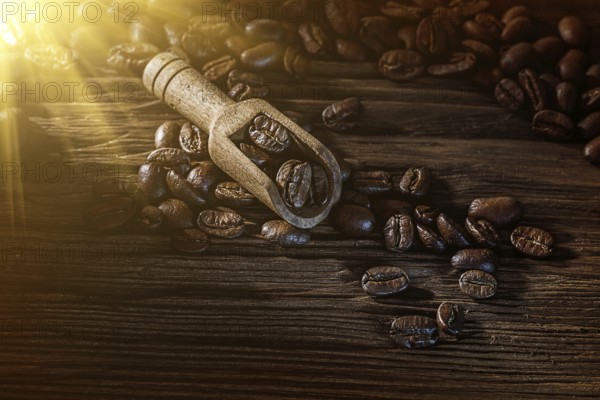 Coffee beans in scoop on vintage wooden board