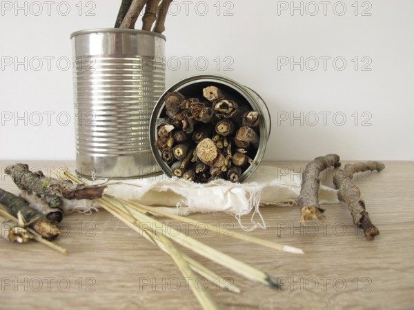 Homemade insect hotel made from tins, sticks and straw