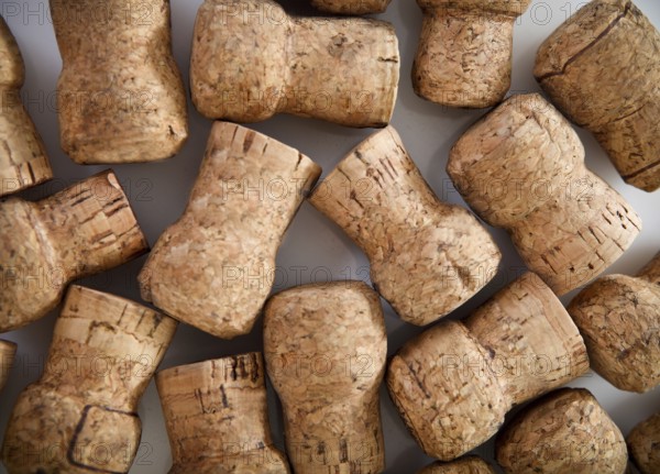 Dated wine bottle corks on the wooden background. Close up