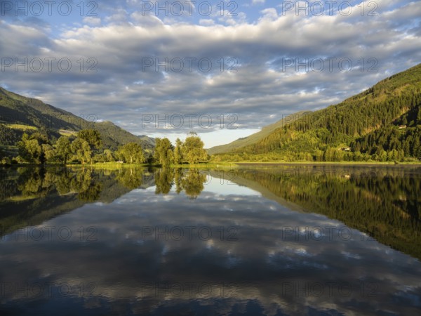 Evening light, forest landscape and clouds reflected in the lake, Gaishorner See, near Gaishorn am See, Styria, Austria, Europe