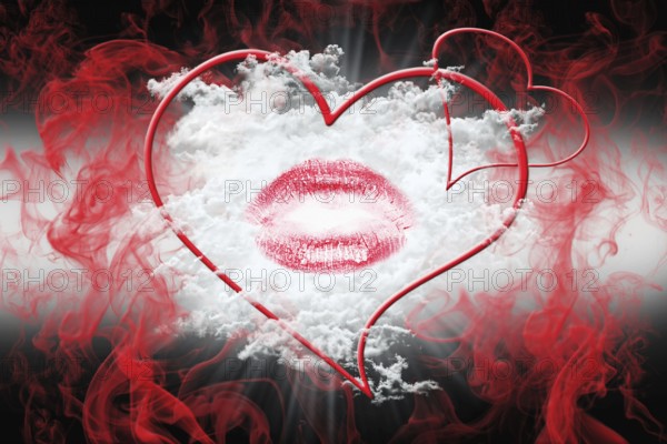 Heart and a Kiss With Red Smoke and White Fluffy Clouds. Valentine's Day Concept 3D Illustration
