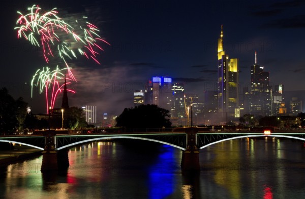 Fireworks over Frankfurt am Main skyscrapers in the background, Germany, Europe
