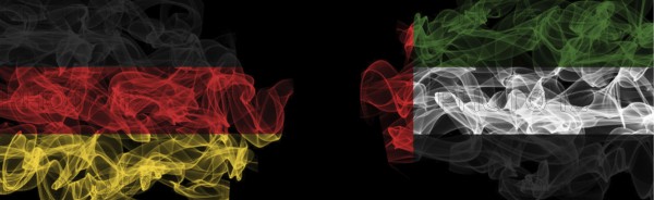 Flags of Germany and UAE on Black background, Germany vs United Arab Emirates Smoke Flags