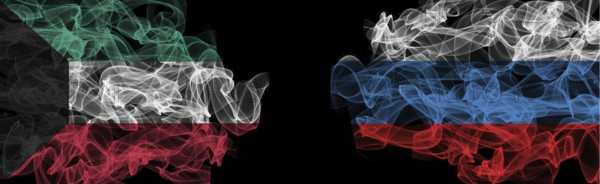 Flags of Kuwait and Russia on Black background, Kuwait vs Russia Smoke Flags