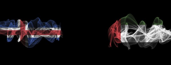 Flags of Iceland and UAE on Black background, Iceland vs United Arab Emirates Smoke Flags
