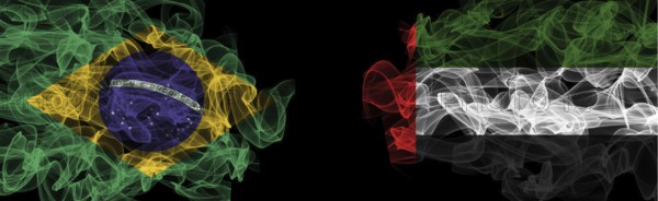 Flags of Brazil and UAE on Black background, Brazil vs United Arab Emirates Smoke Flags