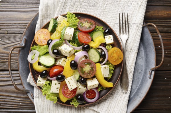 Top view at Mediterranean diet dish greek salad on vintage metal tray