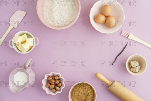 Collection of ingredients and for baking with text space on a pink background