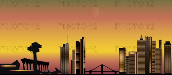 Frankfurt germany city skyline with airport and planes and the bridge and architecture during sunset in the evening