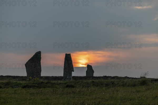 Sunset, Ring of Brodgar, stone circle and moat, Neolithic monument, UNESCO World Heritage Site, Mainland, Orkney Island, Scotland, Great Britain