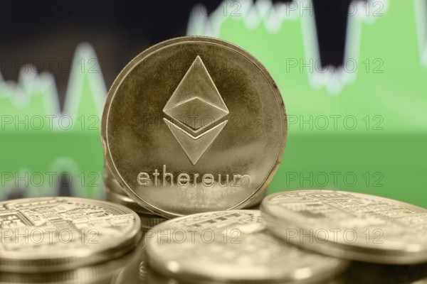 Ethereum ETH cryptocurrency coin on the green chart background. Bubble or bull trend concept