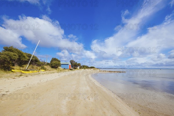 Views from Port Phillip Bay at Tyrone Foreshore Reserve on a warm sunny autumn day in the Mornington Peninsula in Melbourne, Victoria, Australia, Oceania