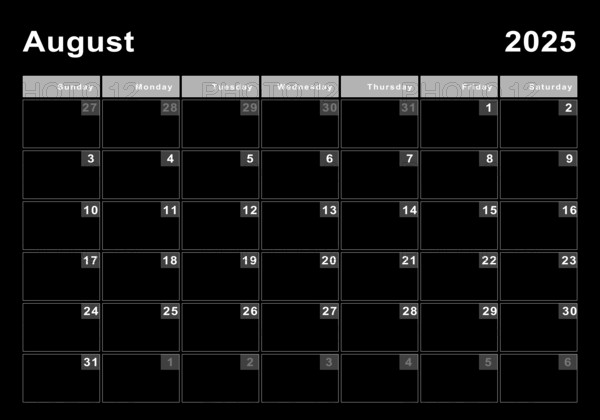 August 2025 calendar, week start Sunday, modern design