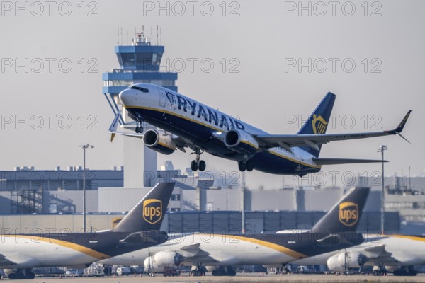Ryanair Boeing 737 on take-off, air cargo centre, air traffic control tower, Cologne-Bonn Airport, CGN North Rhine-Westphalia, Germany, Europe
