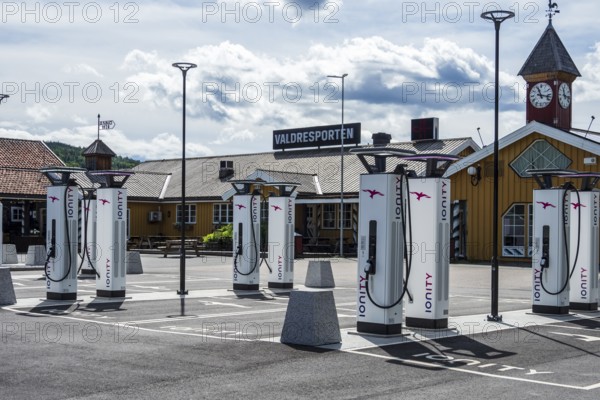 Valdresporten gas and charging station, multiple electric charging stations, Valdres, Norway, Europe