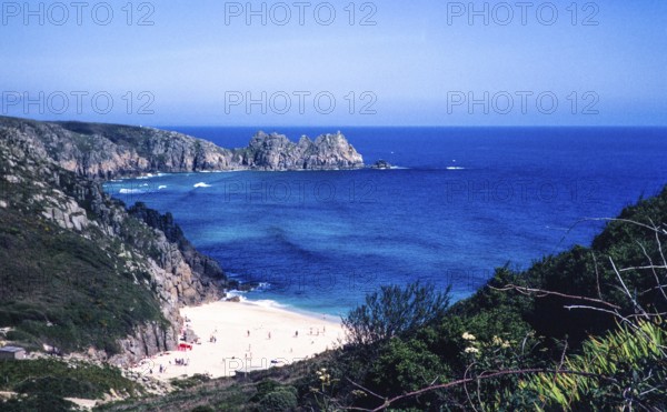 Sandy bay on Porthcurno beach, Cornwall, England, UK 1982