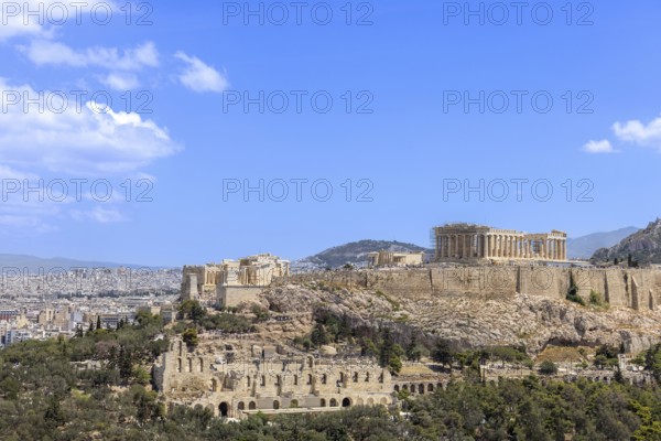Ancient landmark citadel Acropolis of Athens seen from the Hill of the Muses, Philopappos Hill
