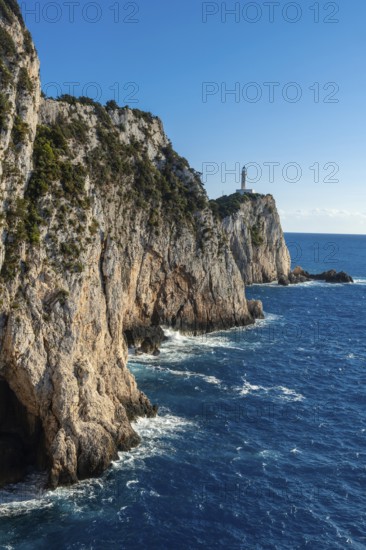 Blue sea at the Lighthouse or Cape Ducato Lefkas in the southern part of the Greek island of Lefkada. Greece