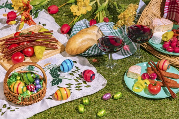 A picnic with two wine glasses on grass, surrounded by bread, sausage, cheese, vegetables and colourful Easter eggs