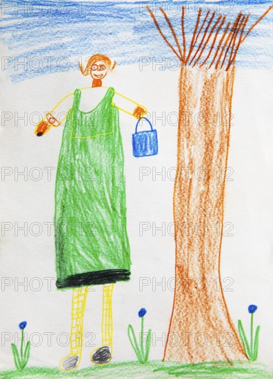 Naive illustration, children's drawing, girl standing on a flower meadow next to a tree