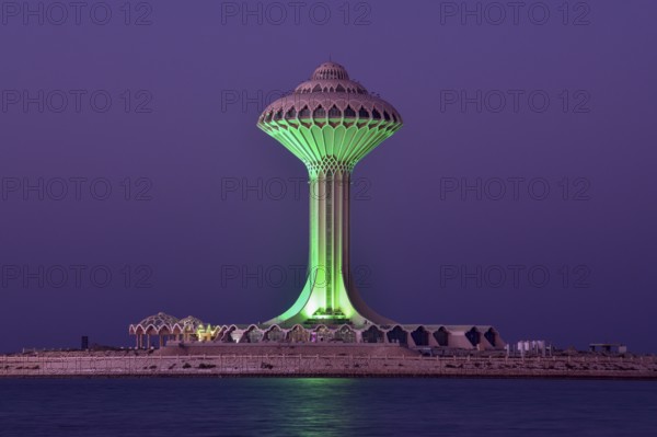 Illuminated water tower on the Corniche, blue hour, blue hour, Al Khobar, Ash Sharqiyah province, Persian Gulf, Saudi Arabia, Asia