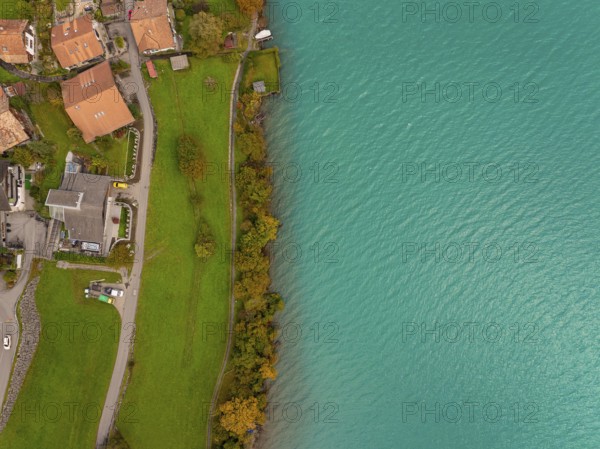 Aerial view of a lakeshore with green water, village and buildings along, Lake Brienz. Switzerland