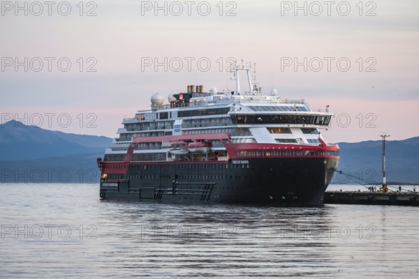 Ushuaia, Tierra del Fuego, Argentina, expedition ship, Antarctic cruise ship MS Fridtjof Nansen lies in the harbour of Ushuaia on the Beagle Channel waiting for tourists, guests on the next Antarctic cruise, South America