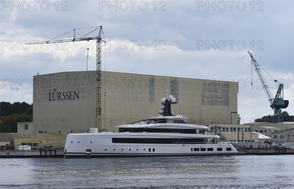 Superyacht HAVEN in front of the Lürssen shipyard near Rendsburg, Schleswig-Holstein, Germany, Europe