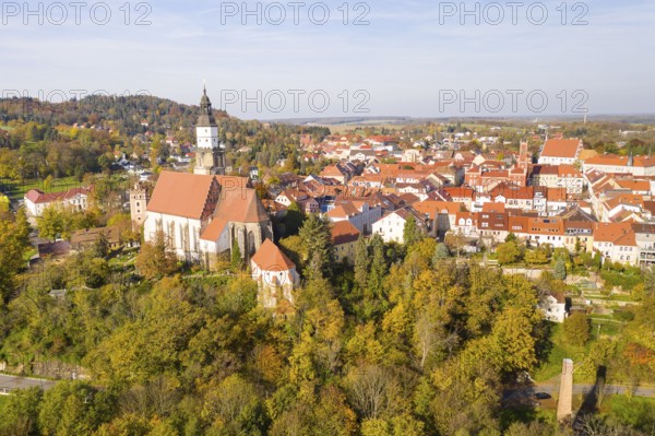 Aerial view of the town with St Mary's Church, town hall and St Annen monastery church, Kamenz, Saxony, Germany, Europe