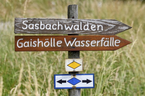 Signpost at the Gaishölle waterfalls, Sasbachwalden, Hiking, Black Forest, Baden-Württemberg, Germany, Europe