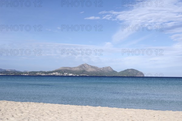 Beach, sea, landscape, blue, deserted, holiday area, Playa de Muro, Majorca, view from the sandy beach to the Mediterranean Sea and the sky with few clouds