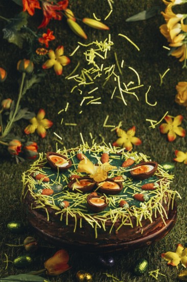 Easter grass falls on Easter cake with carrots and chocolate eggs surrounded by flowers in green grass