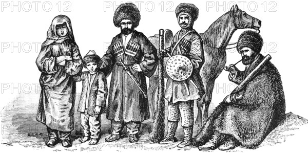 Portrait of a group of Caucasians with men, woman and child, inhabitants of the Caucasus region, habitat Caucasia in the states of Russia, Georgia, Azerbaijan, Armenia and Turkey, traditional clothing, long coat, fur hat, weapons, sword, shield, geography, historical illustration 1888, Asia