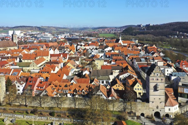 Aerial view of the historic old town centre of Bad Neustadt an der Saale. Bad Neustadt an der Saale, Rhön-Grabfeld, Lower Franconia, Bavaria, Germany, Europe