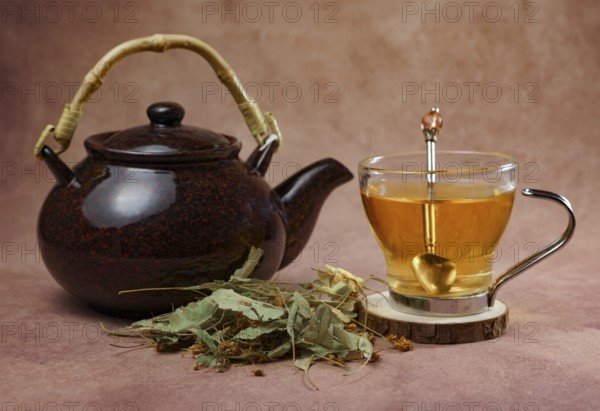 Glass cup with teapot and fresh linden leaves, infusion of lime blossom tea, medicinal plant with therapeutic properties