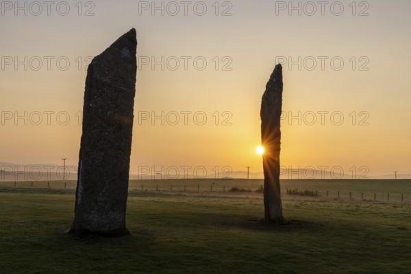 Stones of Stenness Circle and Henge at sunrise, stone circle and henge, Neolithic monument, UNESCO World Heritage Site, Mainland, Orkney Island, Scotland, Great Britain