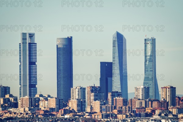 Madrid, Spain, December 31, 2021: Cityscape of Cuatro Torres Business Area. Financial district, Europe