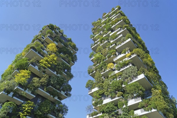 Bosco Verticale, twin tower, green tower block with trees and shrubs, Porta Nuova, Milan, Lombardy, Italy, Europe