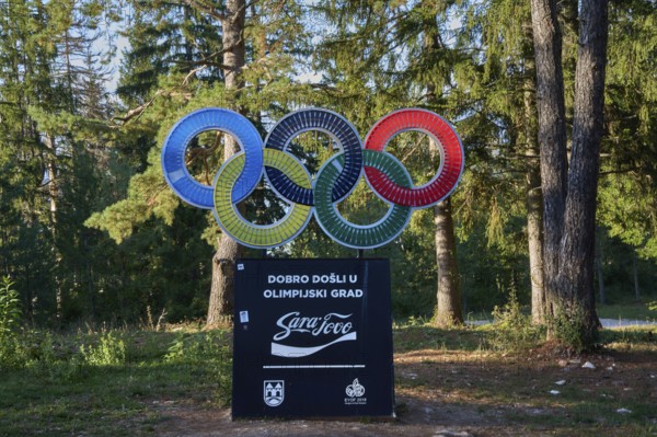 Olympic rings, commemoration of the 1984 Sarajevo Winter Olympics, on Mount Trebevic, Sarajevo, Sarajevo, Bosnia and Herzegovina, Europe