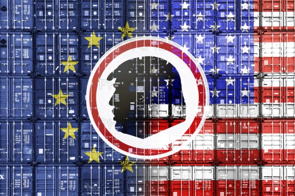 Sign with silhouette of Donald Trump in front of stacked containers with European and US flags, symbolic photo trade between the USA and Europe and import tariffs, photomontage