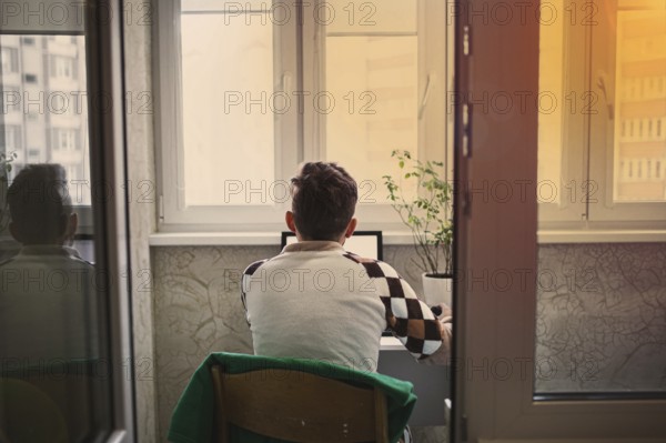 Back view of a man sitting at a desk using a laptop at sunset
