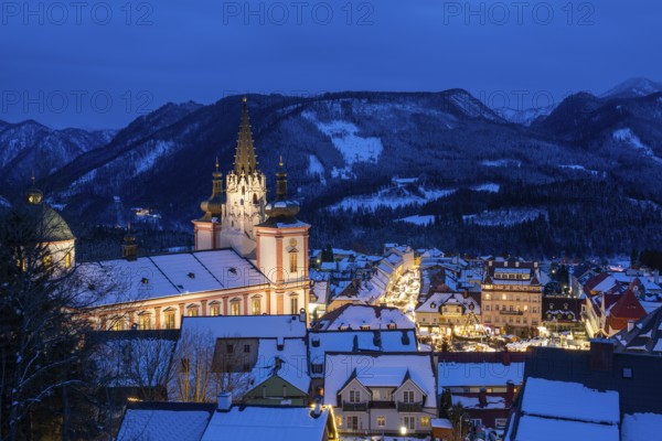 View of Mariazell illuminated for Christmas, basilica and main square, blue hour, Mariazell, Styria, Austria, Europe