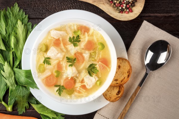 Chicken noodle soup, shot from the top on a dark rustic wooden background with a place for text