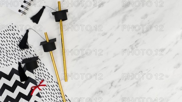 Flat lay festive graduation arrangement marble background