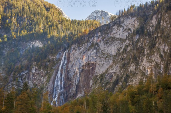 Röthbach Falls waterfall at Obersee in autumn, Königssee, Schönau, Berchtesgaden National Park, Berchtesgadener Land, Upper Bavaria, Bavaria, Germany, Europe
