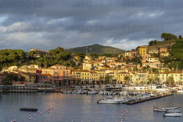 Porto Azzurro, Italy, 12 November, 2023: view of the harbor marina and Porto Azzurro village on Elba Island at sunset, Europe